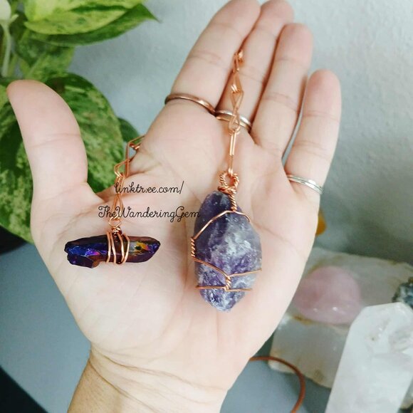 Raw Amethyst Crystal & Copper Dowsing Pendulum, Divination Tools, 9" - Picture 3 of 7